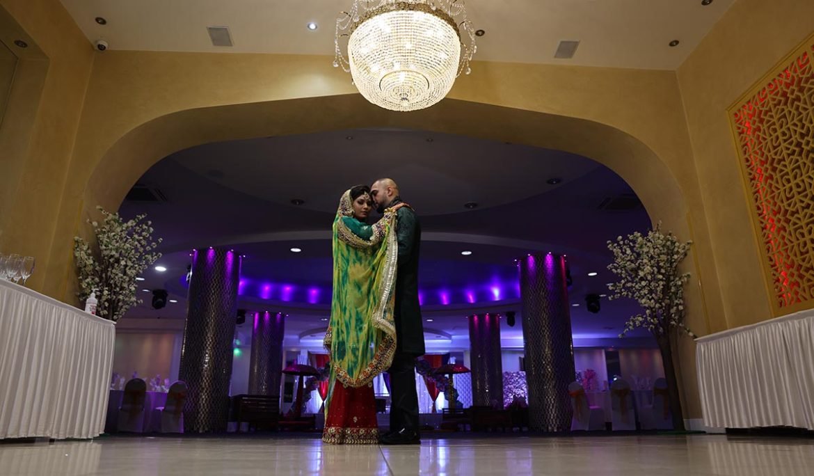 Bride and groom portrait at a luxury Muslim wedding venue in London